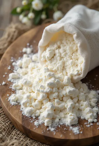 Hienoa tapiokajauhoa kulhossa ja lusikassa, vaalealla alustalla