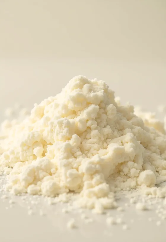 Maitojauhetta rustiikkisessa kulhossa puulusikalla ja jauhetta ripoteltuna puualustalle