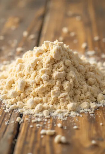 Täysjyvävehnäjauhoa rustiikkisessa kulhossa ja ripoteltuna puupinnalle