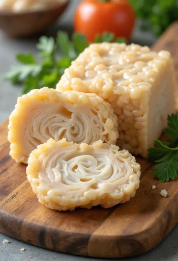 Viipaloituja tempeh-paloja puupinnalla, grillattu tempeh lautasella