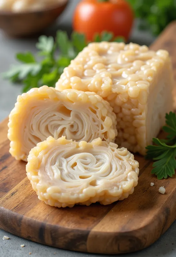 Viipaloituja tempeh-paloja puupinnalla, grillattu tempeh lautasella