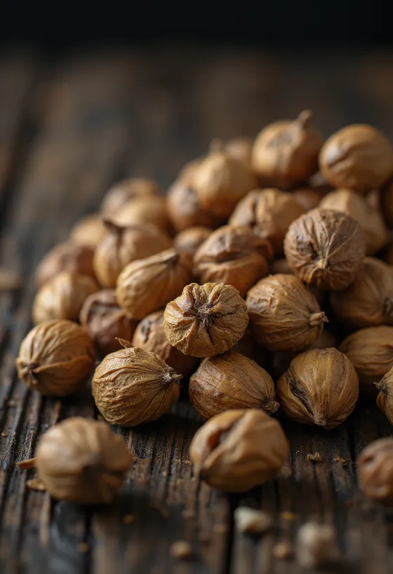 Kuorittuja maamanteleita (chufa) kasassa valkoisella taustalla