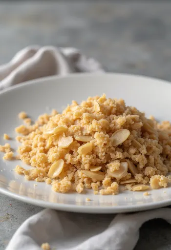 Spelttilesettä keraamisessa kulhossa ja ripoteltuna puiselle keittiötasolle