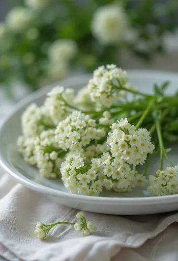 Kirvelinkukan valkoisia kukintoja valkoisella lautasella valmiina käyttöön