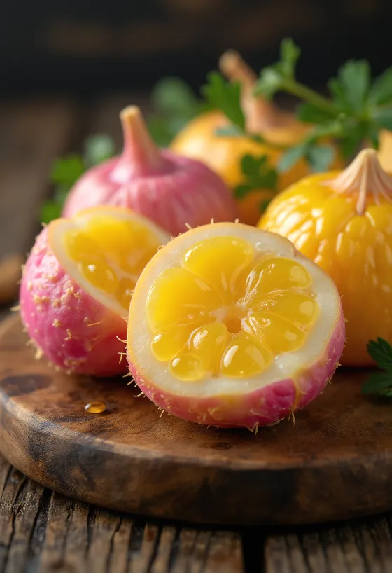 Kuivattuja ulluco-mukuloita, joissa yksityiskohtainen pintarakenne ja luonnolliset värit