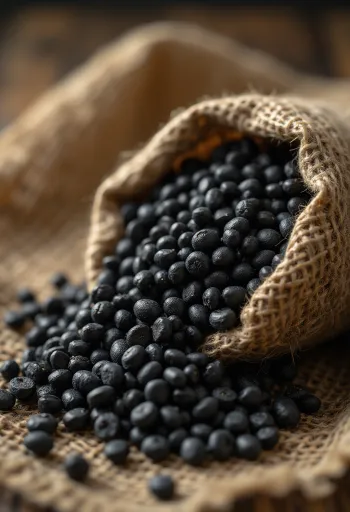 Kuivattuja urad dal -linssejä (mustia linssejä), yksityiskohtainen pintarakenne ja luonnolliset värit