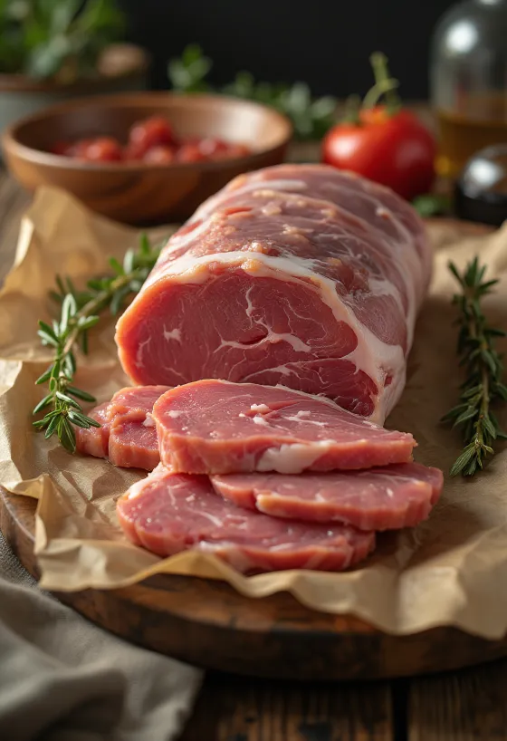 Raakoja villisian ulkofileepihvejä puisella leikkuulaudalla mausteiden kera