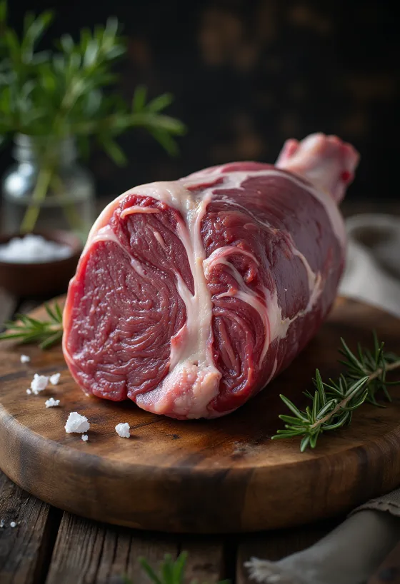 Raakaa villisian kinkkua mausteiden kera puisella leikkuulaudalla