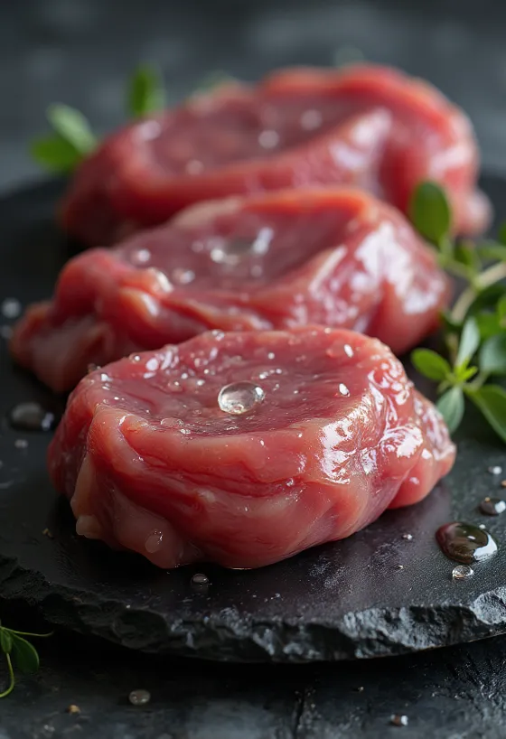 Raakaa villisorsan lihaa fileoituna mausteiden kera puisella leikkuulaudalla