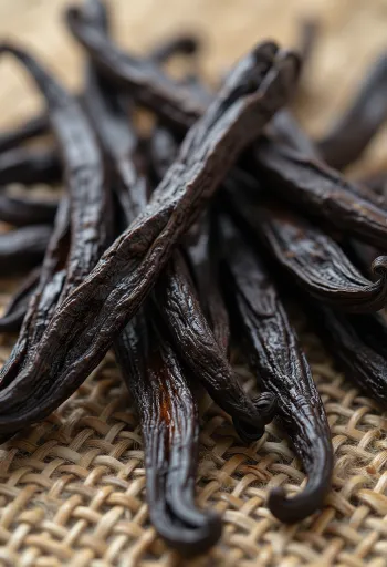 Kuivattuja vaniljatankoja puutasolla, luonnollisessa tilassa