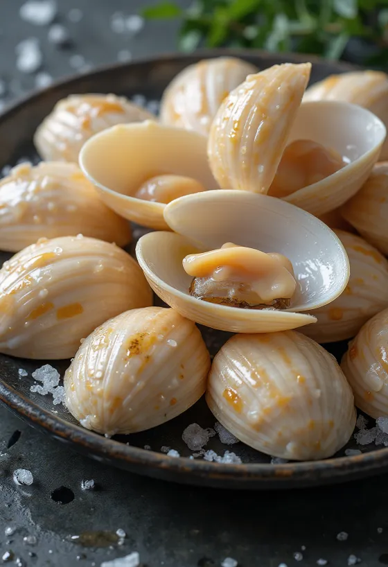 Raakaa venussimpukan lihaa jäillä sitruunan ja persiljan kera