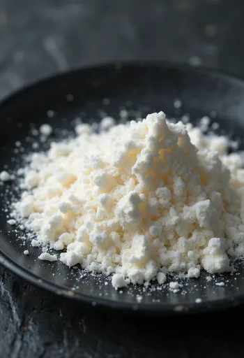 Ksantaanikumijauhetta pienessä keraamisessa kulhossa ja puulusikalla, vaalea tausta