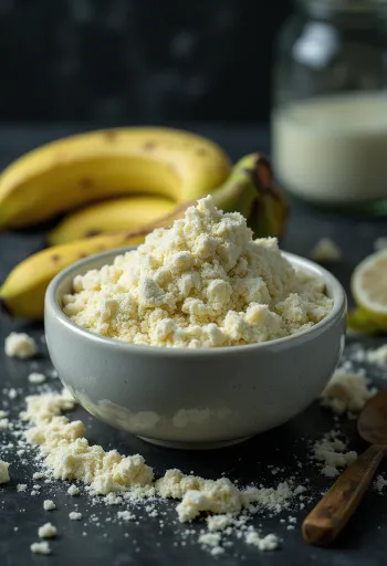 Vihreää banaanijauhoa kulhossa ja lusikassa, ympäröitynä vihreillä banaaneilla