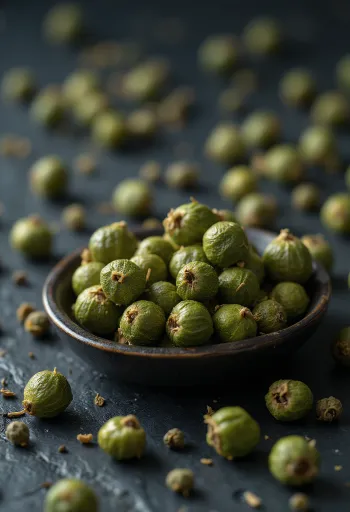 kokonaisia viherpippureita keraamisessa kulhossa ja keittiötasolla