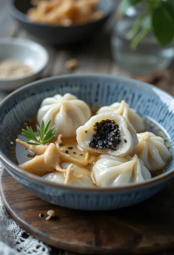 Valkoiset tahmeat riisipallot tummassa inkivääriliemessä