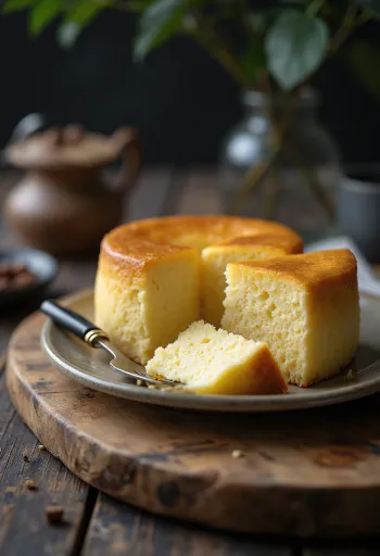 Pehmeä ja kevyt japanilainen juustokakku, tomusokerilla ripoteltuna