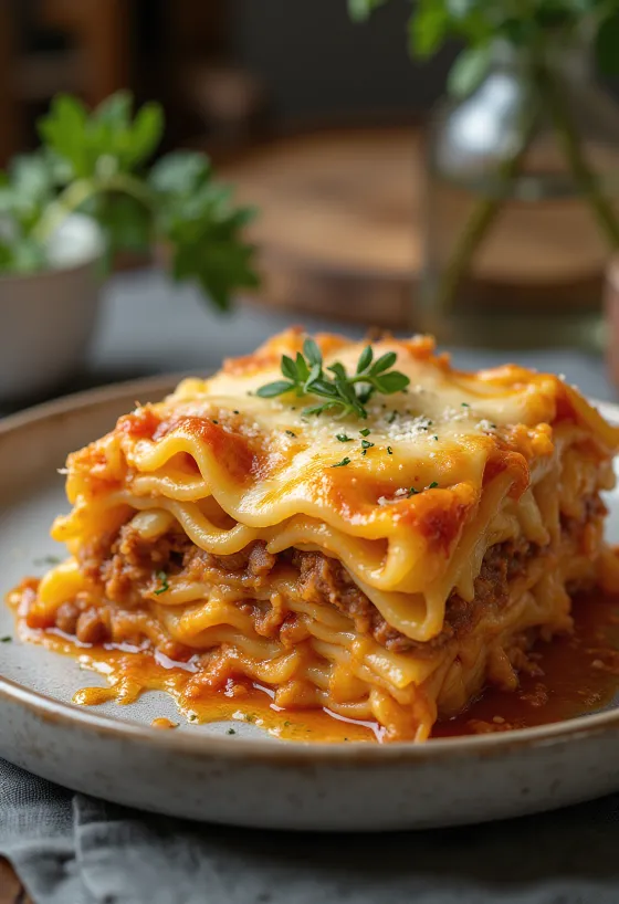 Klassinen lasagne tarjoiltuna tuoreen basilikan kera