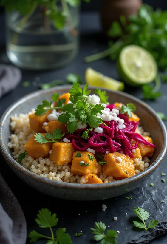 Lime-kvinoa Buddha-kulho punajuuri-currytofulla tarjoiltuna