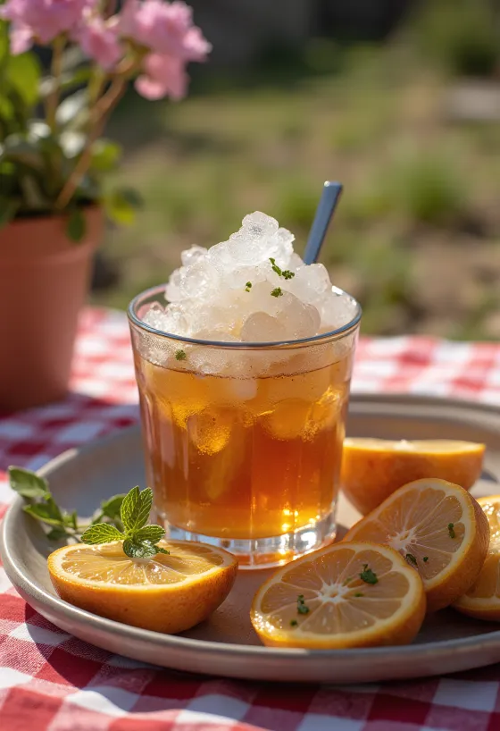 Mint Julep -cocktail mintunlehdillä ja jäämurskalla koristeltuna