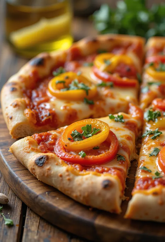 Pizza ai Peperoni värikkäillä paprikoilla ja mozzarellalla