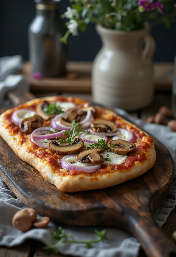 Pizza Finlandese poronlihalla, smetanalla ja punasipulilla