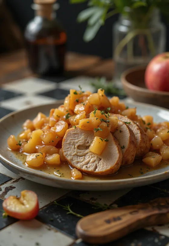 Pork loin tarjoiltuna omenakompottilla ja koristeltuna tuoreella timjamilla