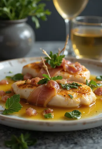 Saltimbocca sitruuna-voikastikkeella, runsas makuinen vasikanlihaleike prosciuttolla ja salvialla