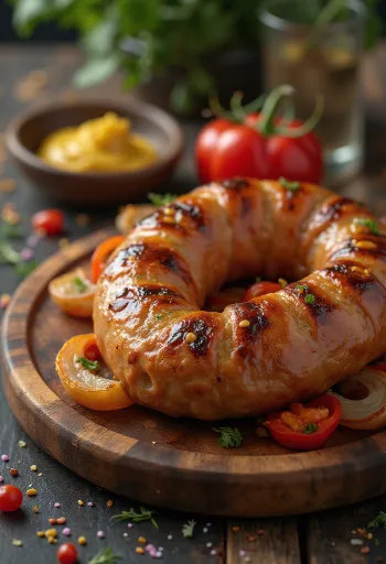 Kullanruskeaksi paistettu makkara rapealla kuorella ja tuoreilla yrteillä tarjoiltuna