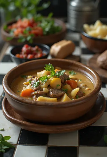 Jakkivoitee-pata tarjoiltuna rustiikkisessa kulhossa tuoreiden yrttien kera.