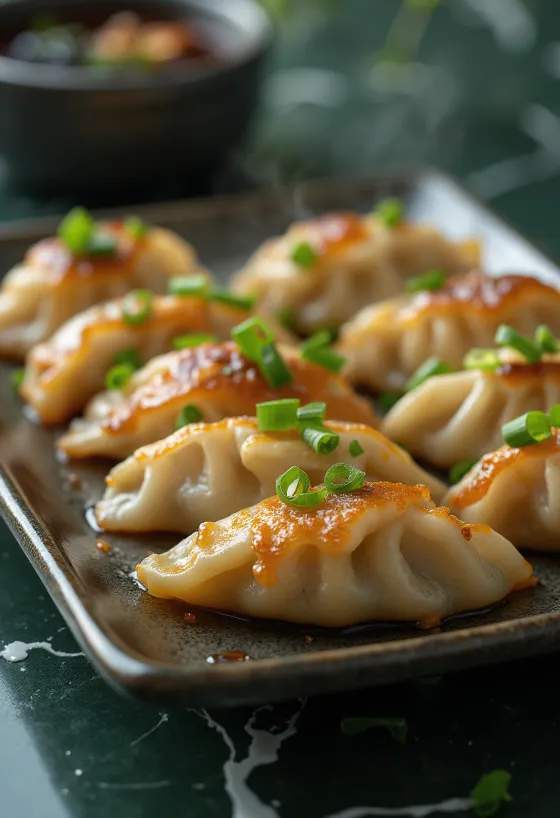 Japanilainen gyoza porsaanlihatäytteellä, paistetulla pohjalla, soijakastikedipin kanssa tarjoiltuna