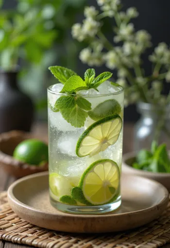 Mojito tuoreilla mintunlehdillä ja limeviipaleilla koristeltuna