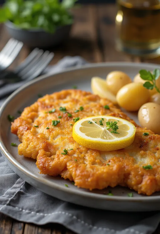 Pork schnitzel burgonyával, rapea porsaanleike ja voiperunat