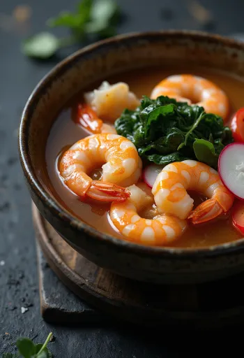 Sinigang katkaravuilla tarjoiltuna, hapan keitto tuoreella vihanneksilla ja ravuilla.