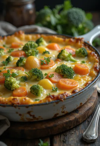 Kasvisgratiini kerrostettuna, juustolla ja mausteilla paistettuna.