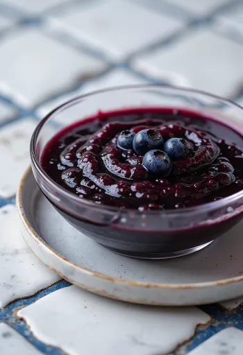 Mustikka-chili-balsamiviinietikkakastike kulhossa, koristeltuna tuoreilla mustikoilla ja chilillä.