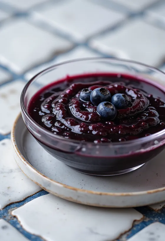 Mustikka-chili-balsamiviinietikkakastike kulhossa, koristeltuna tuoreilla mustikoilla ja chilillä.