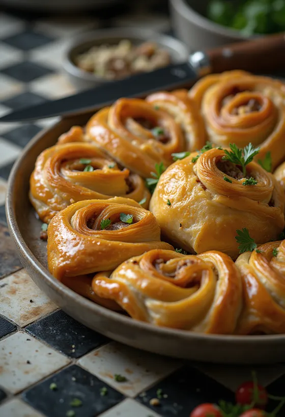 Leikattuja lihabörek-paloja tarjoiluvadilla