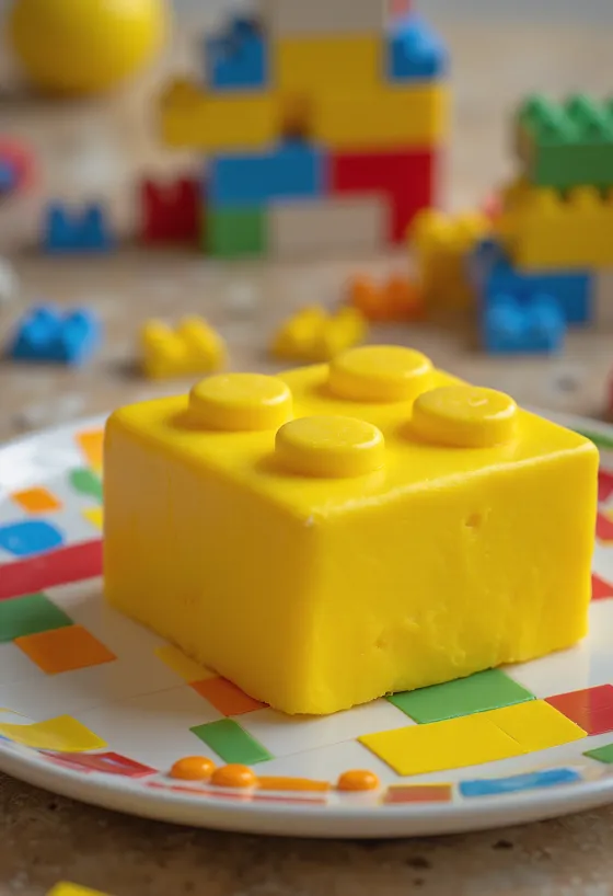 LEGO-kakku värikkäällä sokerimassakuorrutuksella ja rakennuspalikkakoristeilla