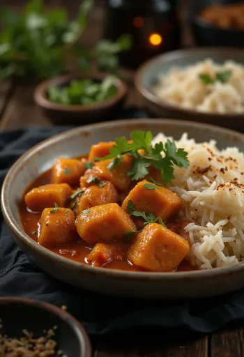 Pork Vindaloo tarjoiltuna riisin ja tuoreen korianterin kera