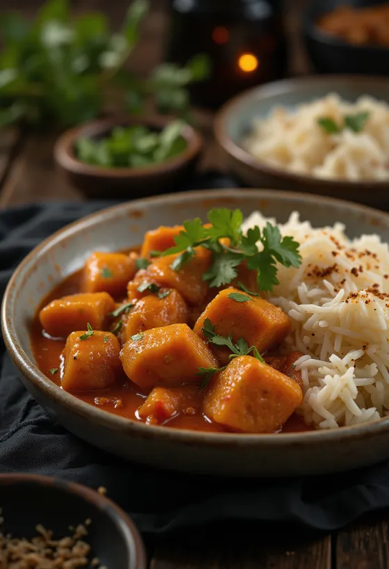 Pork Vindaloo tarjoiltuna riisin ja tuoreen korianterin kera