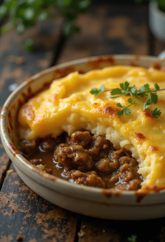 Shepherd’s pie tarjoiltuna rapsakalla perunamuusikerroksella