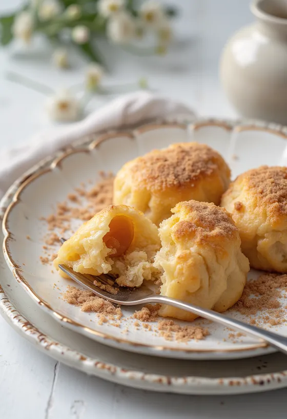 Vastavalmistetut luumuknöödelit kanelisokerilla ja korppujauhoilla