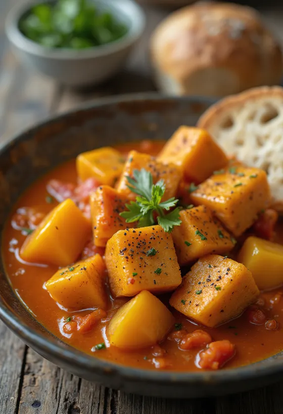 Vegaaninen lecsó tofulla tarjoiltuna