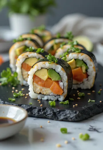 Vegaaninen sushi tofulla, kasviksilla ja soijakastikkeella