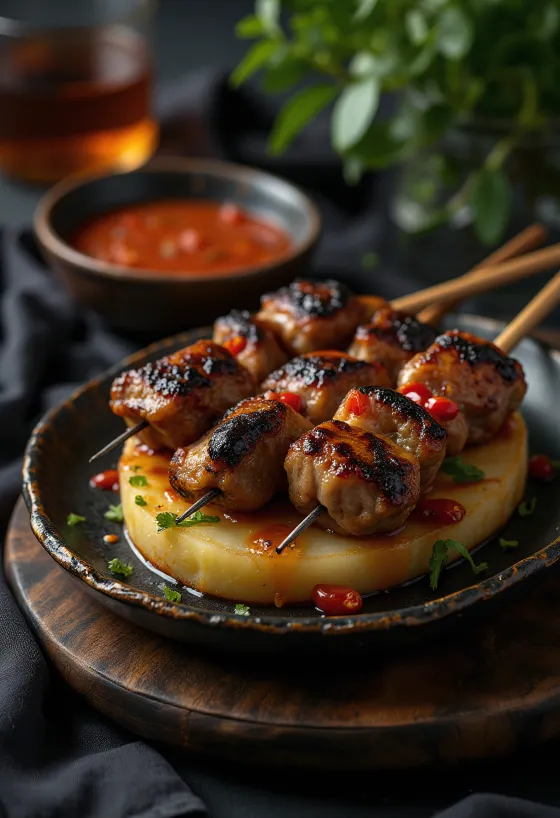Grillattu anticucho de alpaca tarjoiltuna limeviipaleiden ja persiljan kera