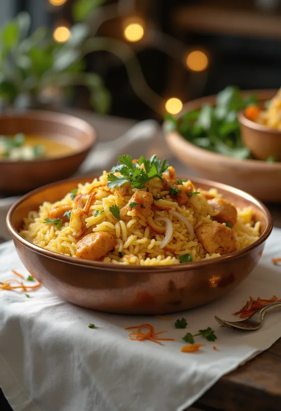Kanabiryani koristeltuna tuoreella korianterilla ja mintulla