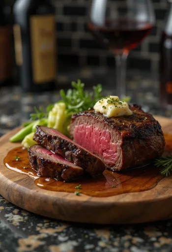 Chateaubriand steak, tarjoiltuna höyrytettyjen vihannesten ja voin kera