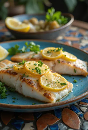 Coucou paistettu kala sitruunaisessa ja valkosipulisessa kastikkeessa, tuoreella persiljalla ripoteltuna