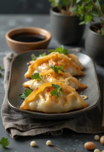 Gyoza-nyytit soijakastikkeella tarjoiltuna, tuoreella kevätsipulilla koristeltuna