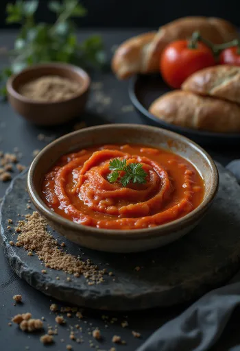 Klassinen matbucha, herkullinen tomaattikastike paprikalla
